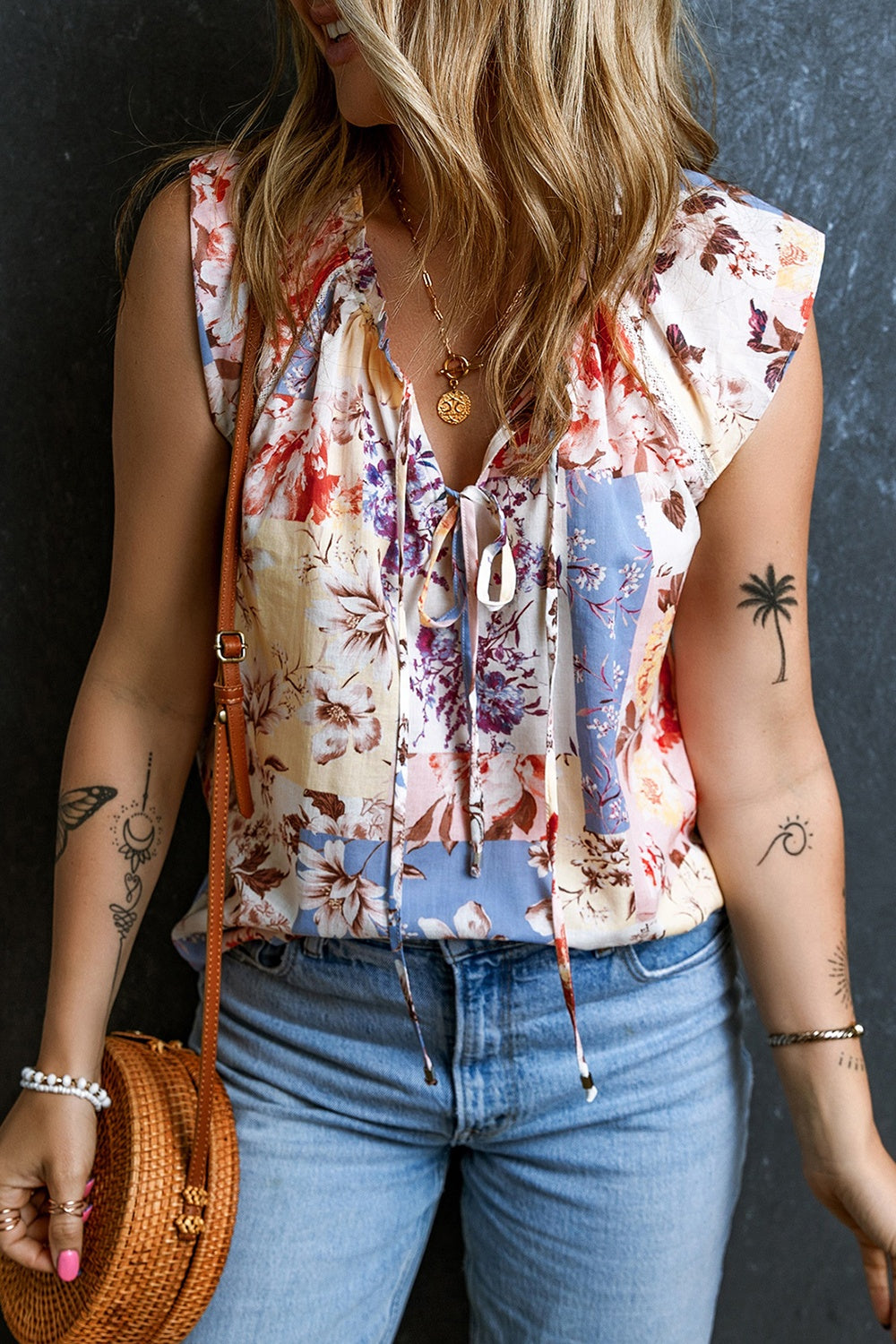 Printed Tie Neck Cap Sleeve Boho Blouse - Spirit and Rebel [Spirit and Rebel]   