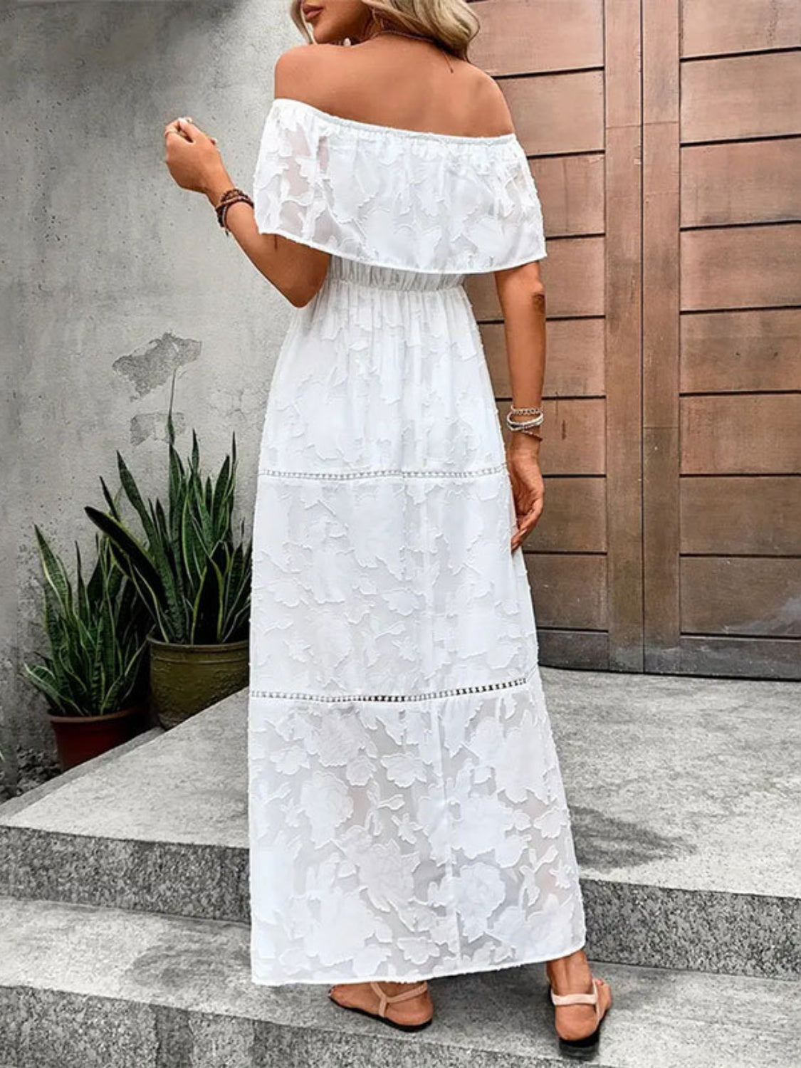 Off-Shoulder Short Sleeve Maxi Boho Dress - Spirit and Rebel [Spirit and Rebel]   