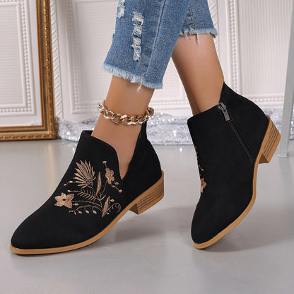 Spirit and Rebel Embroidered Suede Point Toe Block Heel Boho Boots [Spirit and Rebel] Black 36(US5) 