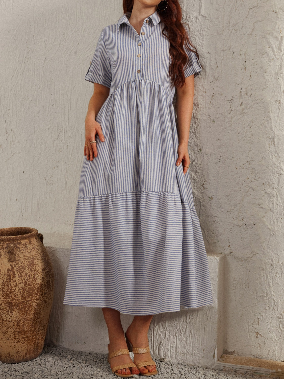 Striped Collared Neck Short Sleeve Boho Dress - Spirit and Rebel [Spirit and Rebel]   