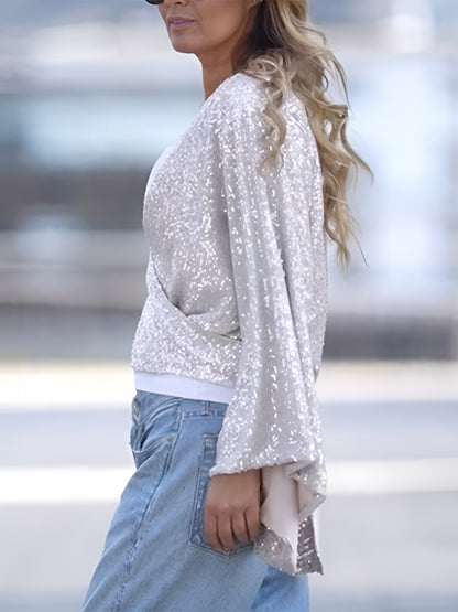 Spirit and Rebel Tied Sequin Surplice Flare Sleeve Bohemian Blouse [Spirit and Rebel]   