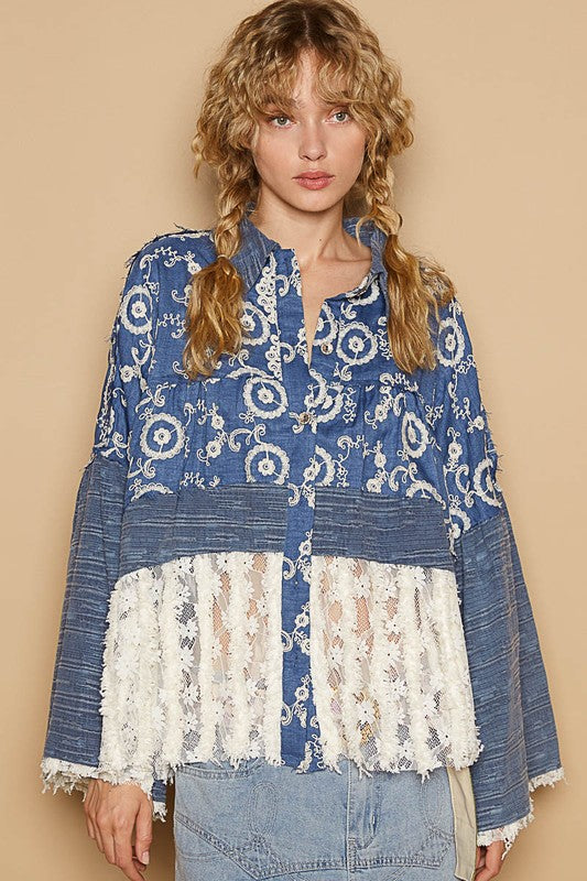 Lace Hem Embroidered Long Sleeve Shirt [Spirit and Rebel] Peacock Blue S