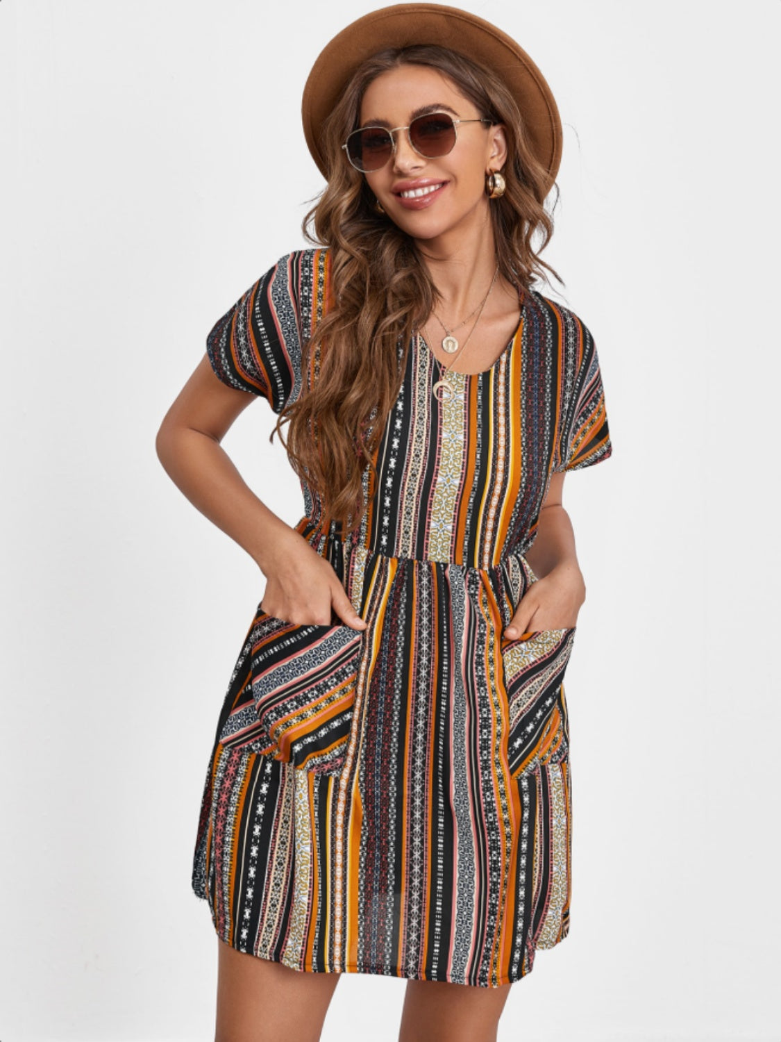 Pocketed Striped Short Sleeve Boho Dress [Spirit and Rebel] Multicolor S 