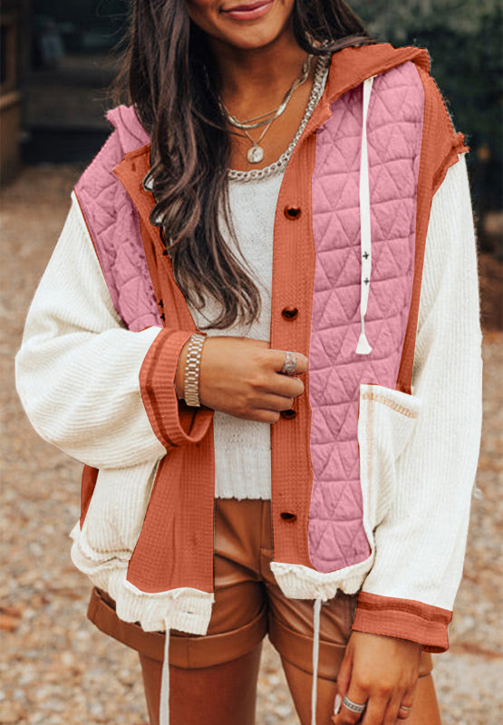 Spirit and Rebel Drawstring Texture Button Up Long Sleeve Hooded Boho Jacket [Spirit and Rebel] Dusty Pink M 