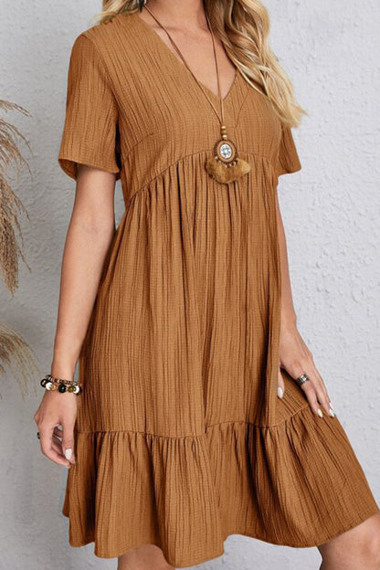 Boho Chic  Plus Size Ruched V-Neck Short Sleeve Dress [Spirit and Rebel]   