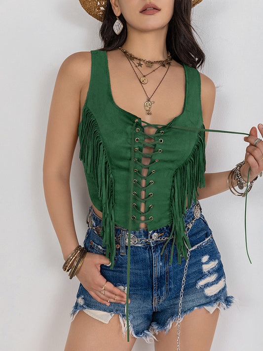 Fringe Lace-Up Wide Strap Boho Tank Top - Spirit and Rebel [Spirit and Rebel] Dark Green S 