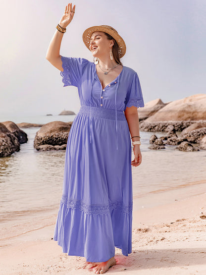 Plus Size Lace Detail Tie Neck Short Sleeve Maxi Boho Dress - Spirit and Rebel [Spirit and Rebel]   