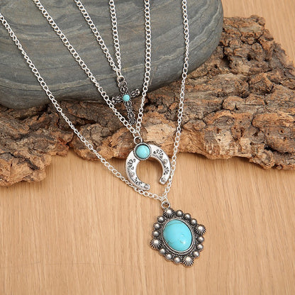 Artificial Turquoise Alloy Three-Layered Necklace [Spirit and Rebel] Silver One Size