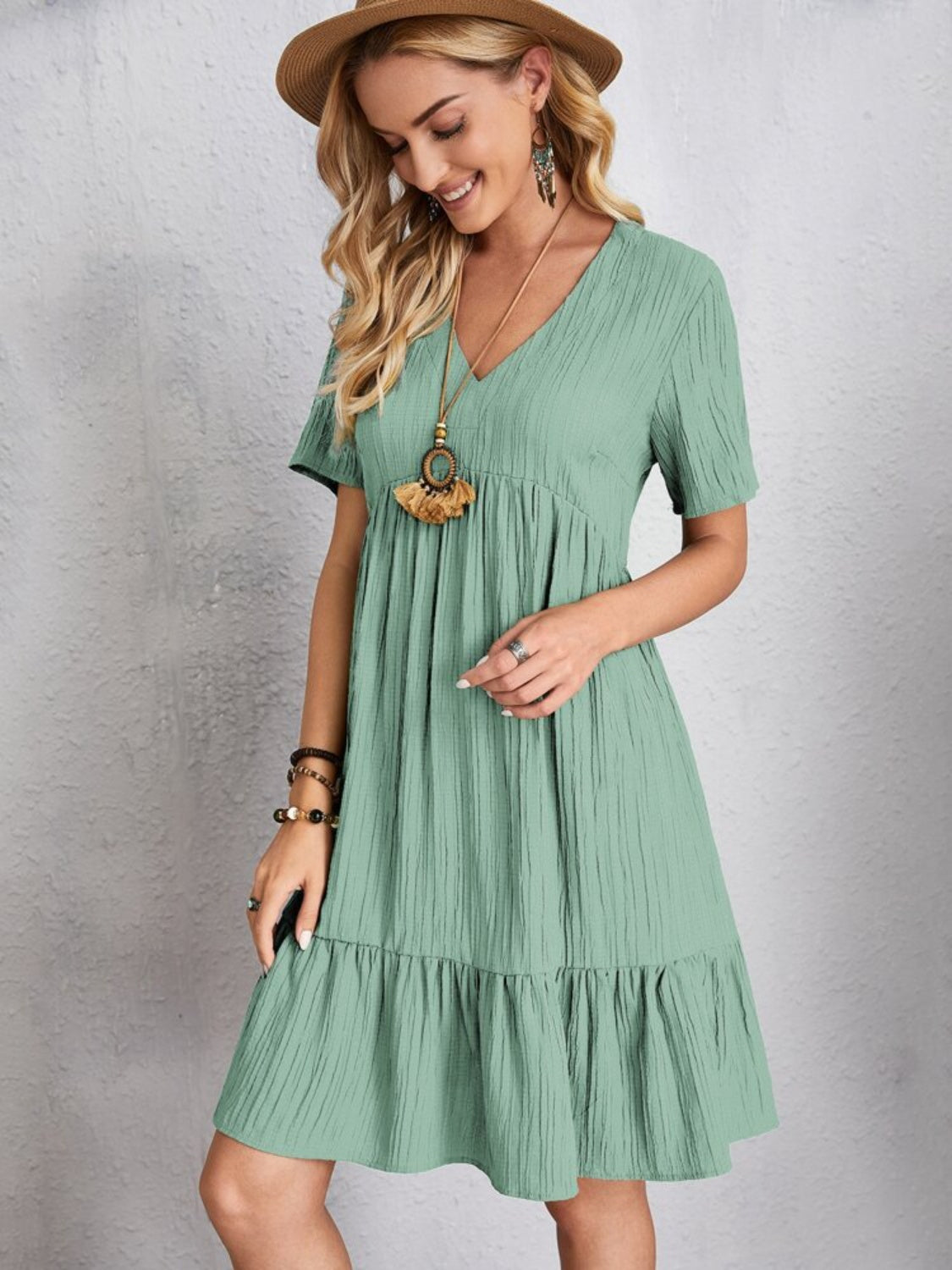 Plus Size V-Neck Short Sleeve Boho Dress - Spirit and Rebel [Spirit and Rebel]   