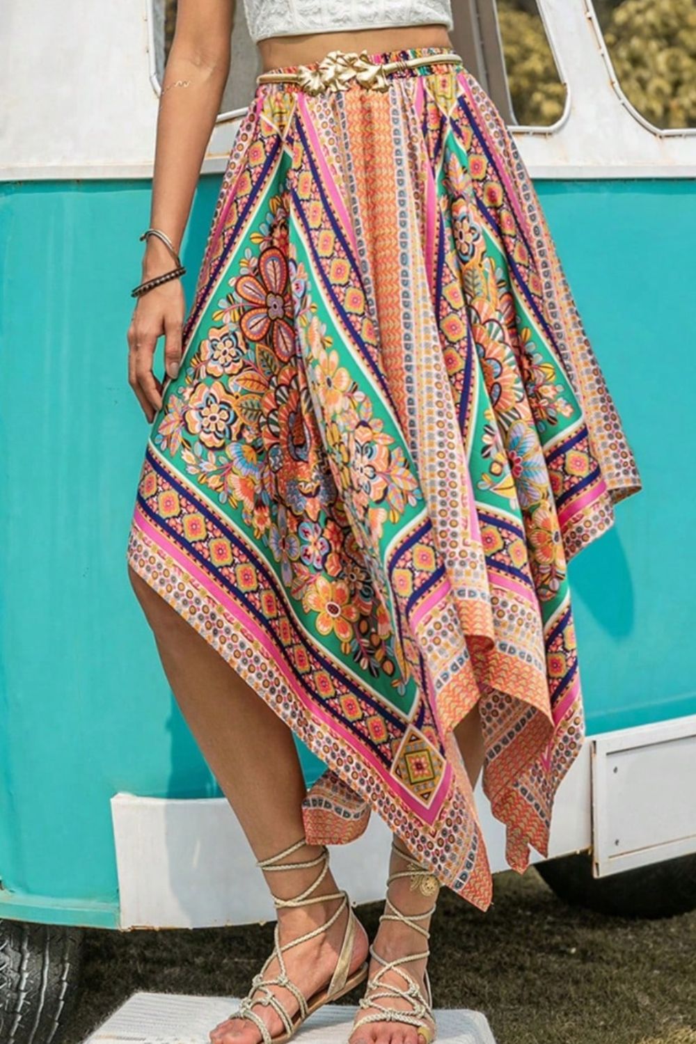 Boho Chic  Printed High Waist Handkerchief Hem Skirt [Spirit and Rebel] Multicolor S 