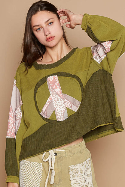 Long Sleeve Cut Sew Peace Emblem Boho Top - Spirit and Rebel [Spirit and Rebel] Greenery S 