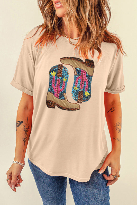 Sequin Round Neck Short Sleeve T-Boho Shirt - Spirit and Rebel [Spirit and Rebel] Eggshell S 