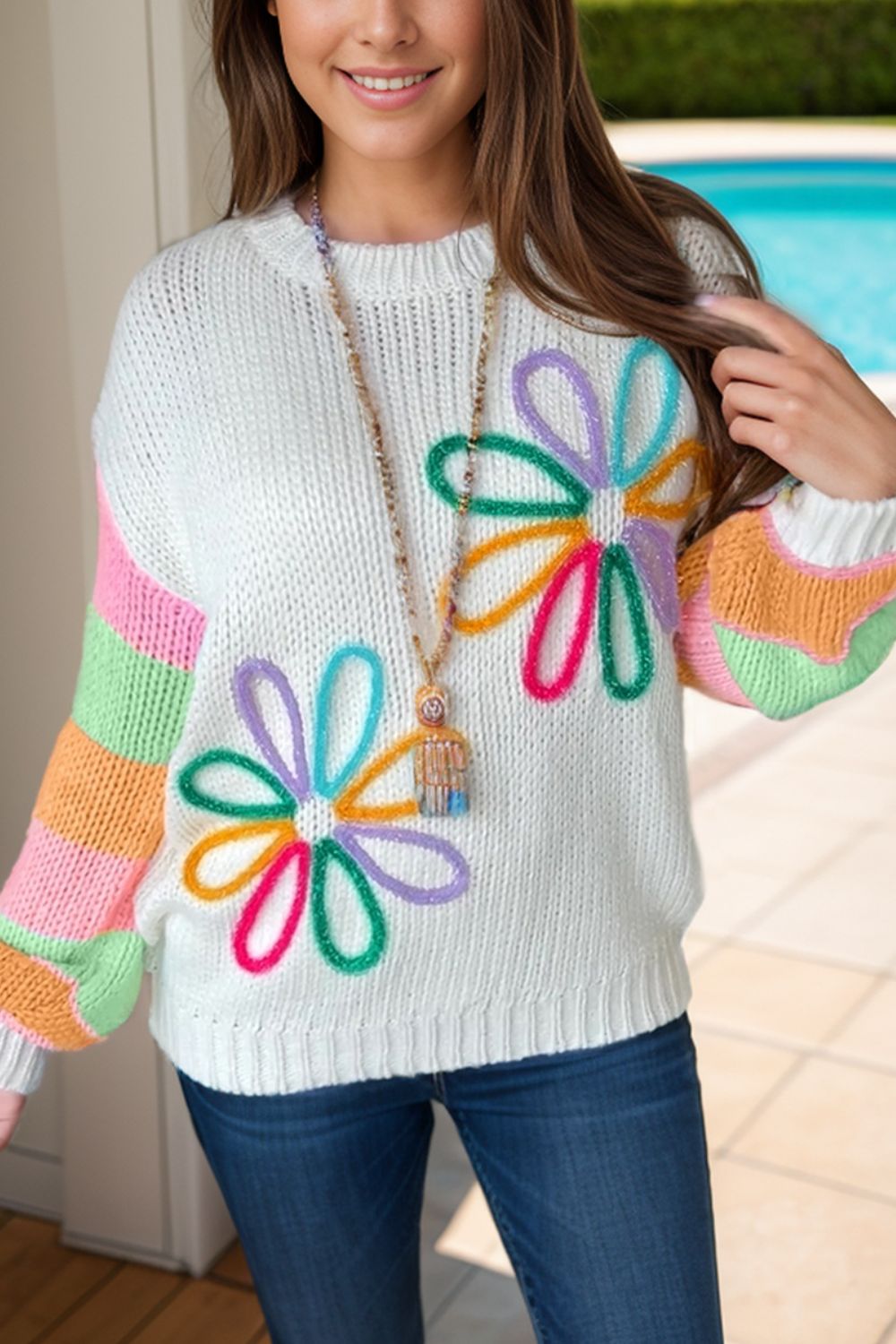 Color Block Round Neck Boho Sweater - Spirit and Rebel [Spirit and Rebel]   