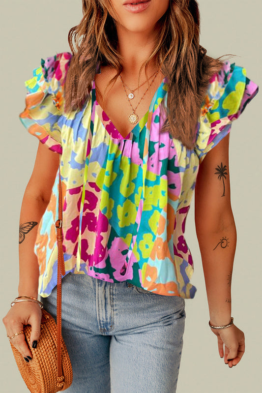 Ruffled Printed Tie Neck Cap Sleeve Boho Blouse - Spirit and Rebel [Spirit and Rebel] Neon Green S 