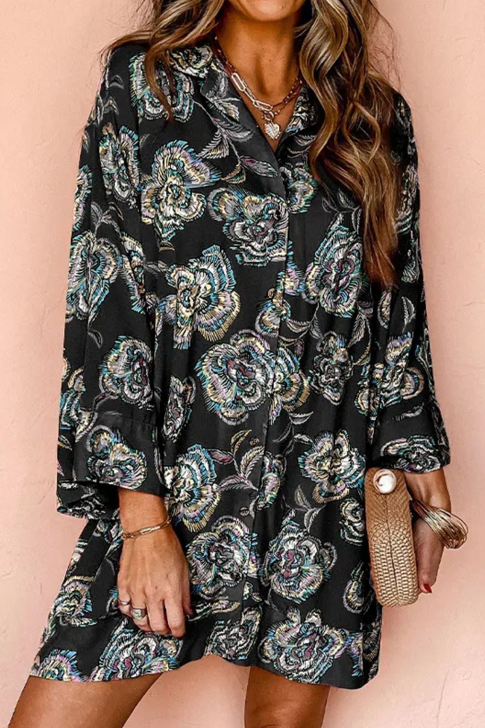 Printed Button Up Three-Quarter Sleeve Boho Shirt Boho Dress - Spirit and Rebel [Spirit and Rebel] Black M 