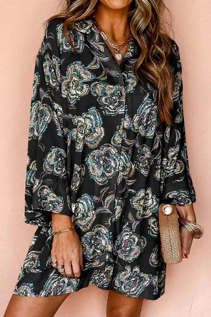 Printed Button Up Three-Quarter Sleeve Boho Shirt Boho Dress - Spirit and Rebel [Spirit and Rebel] Black S 