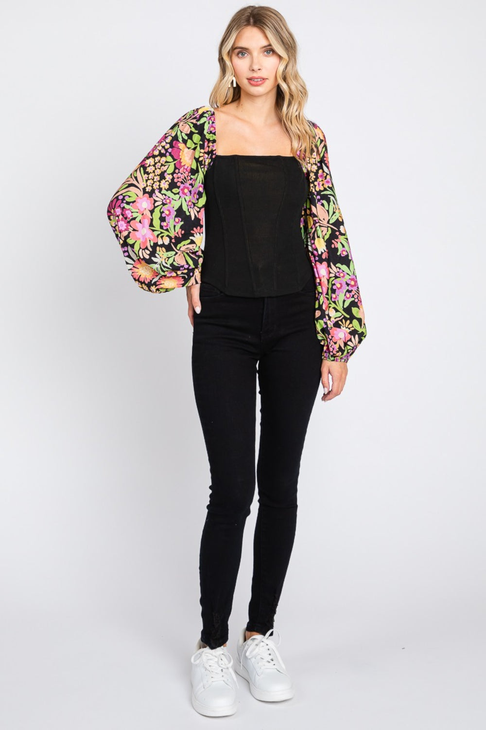 Spirit and Rebel Plus Size Floral Balloon Sleeve Boho Blouse [Spirit and Rebel]   