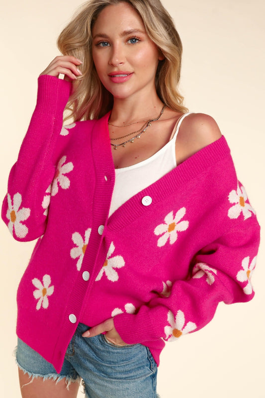 Plus Size Daisy Floral Button Down Long Sleeve Boho Cardigan - Spirit and Rebel [Spirit and Rebel] Fuchsia S 