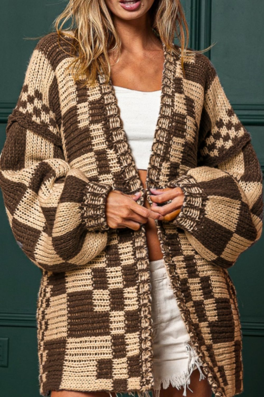 Checkered Open Front Long Sleeve Boho Cardigan [Spirit and Rebel] Tan S