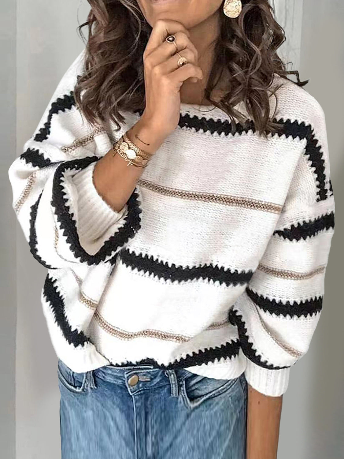 Contrast Striped Round Neck Long Sleeve Sweater [Spirit and Rebel] White S