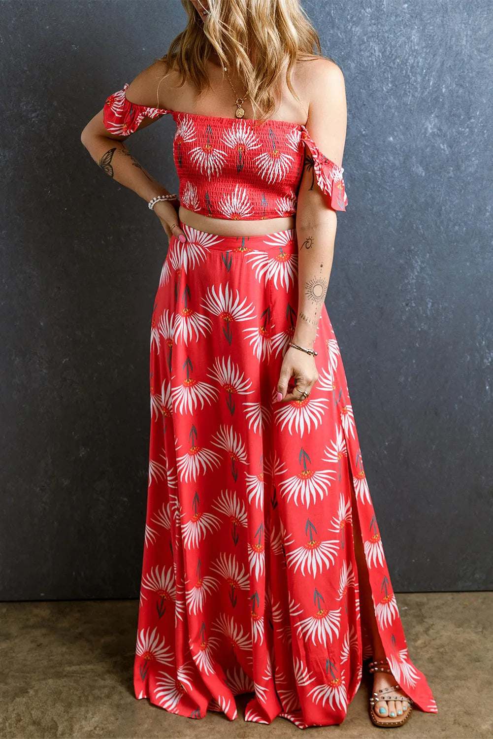 Smocked Off-Shoulder Boho Top and Slit Skirt Set - Spirit and Rebel [Spirit and Rebel] Strawberry S 