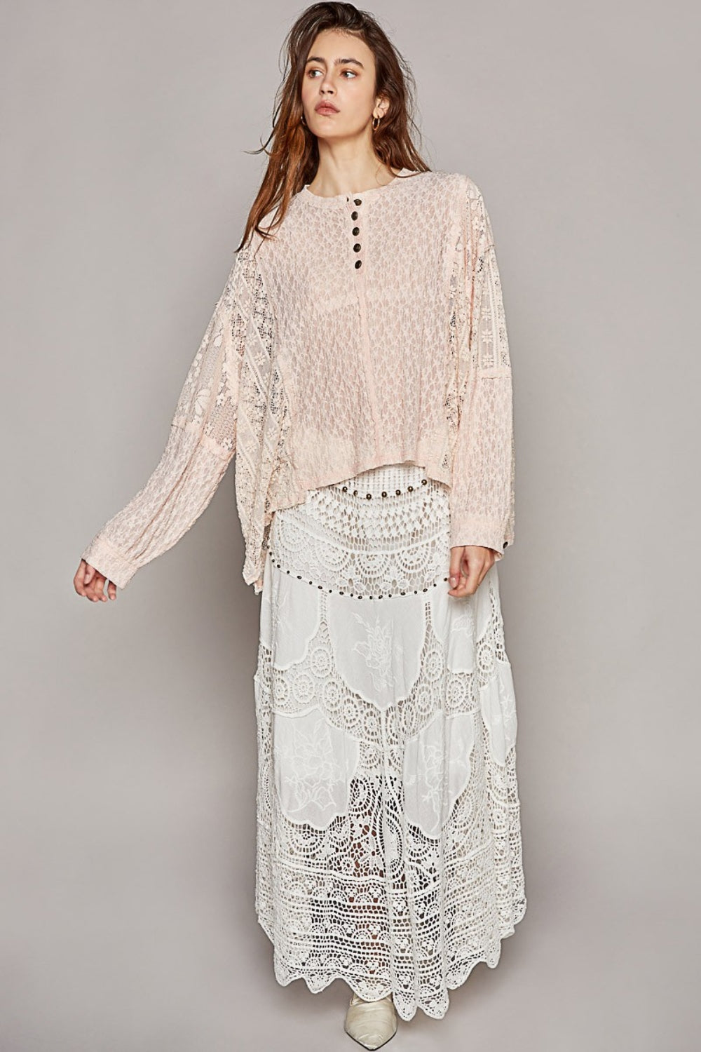 Round Neck Long Sleeve Raw Edge Lace Boho Top - Spirit and Rebel [Spirit and Rebel]   