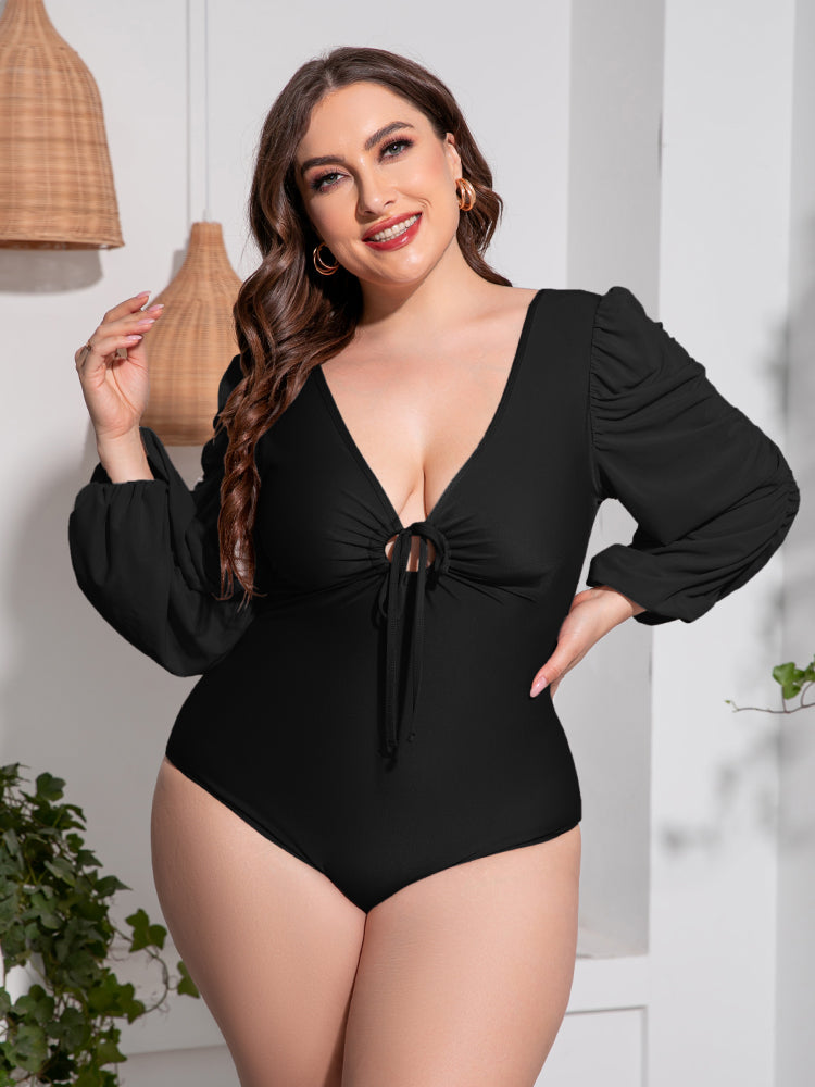 Plus Size Tied Deep V Balloon Sleeve One-Piece Swimsuit [Spirit and Rebel]