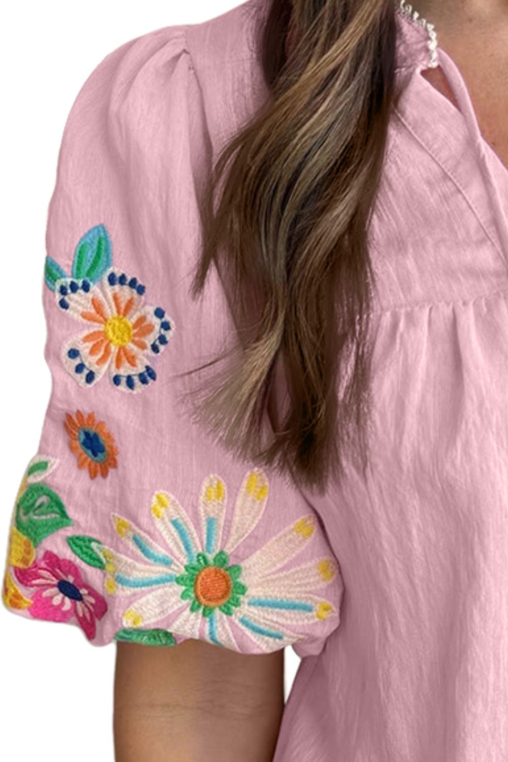 Embroidered Tie Neck Half Sleeve Boho Blouse - Spirit and Rebel [Spirit and Rebel]   