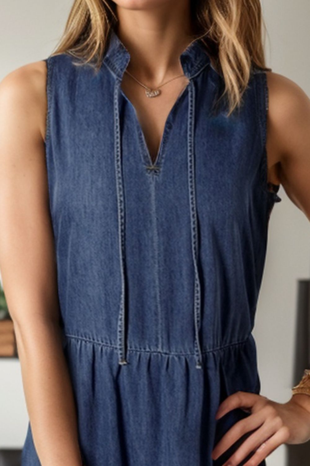 Tie Neck Sleeveless Denim Boho Dress - Spirit and Rebel [Spirit and Rebel]   