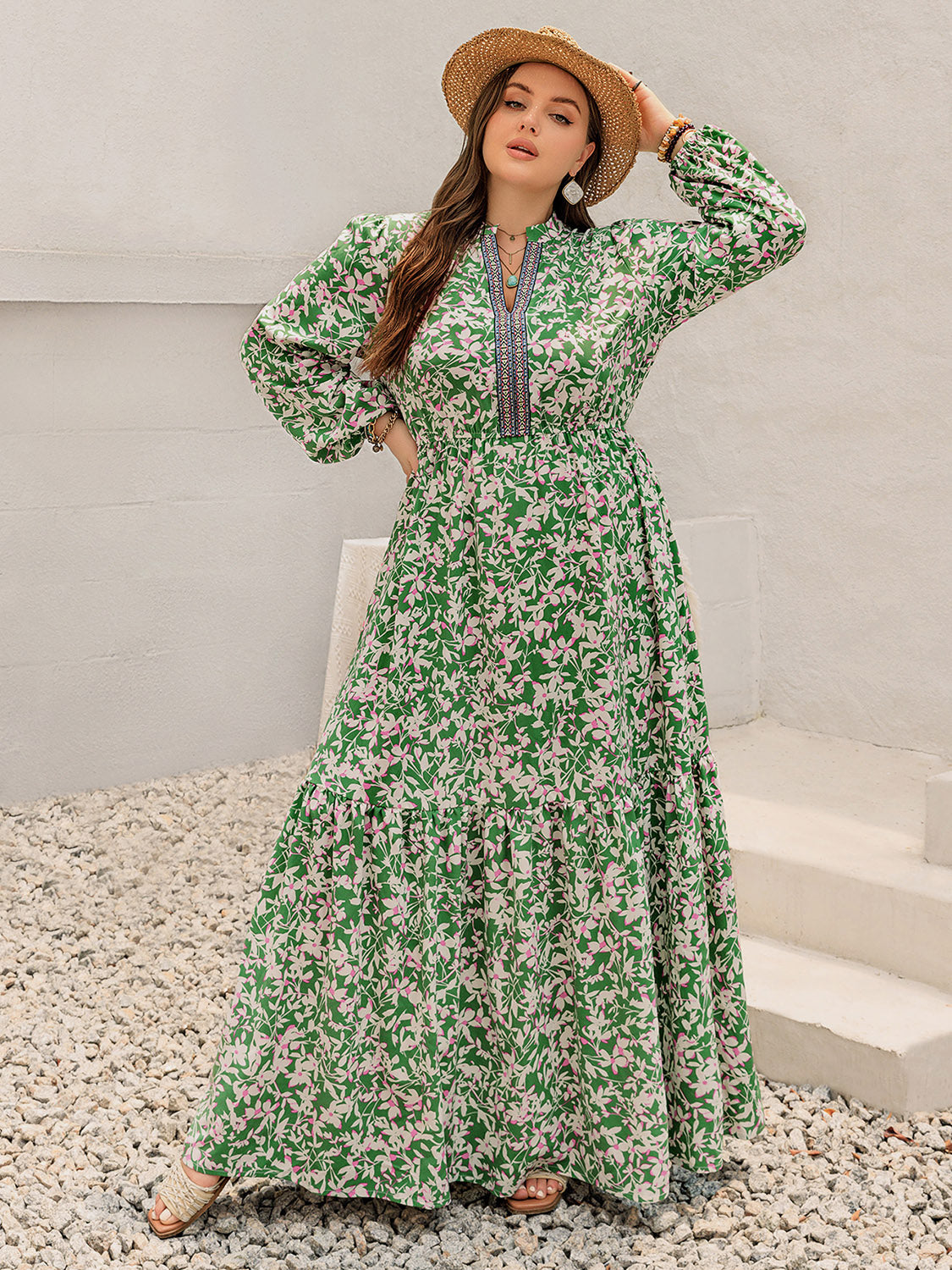 Spirit and Rebel Plus Size Printed Notched Long Sleeve Maxi Dress [Spirit and Rebel]   