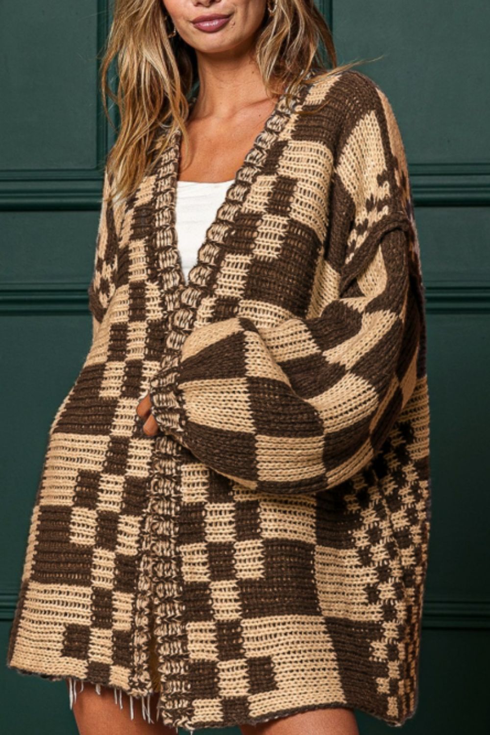 Checkered Open Front Long Sleeve Boho Cardigan [Spirit and Rebel]