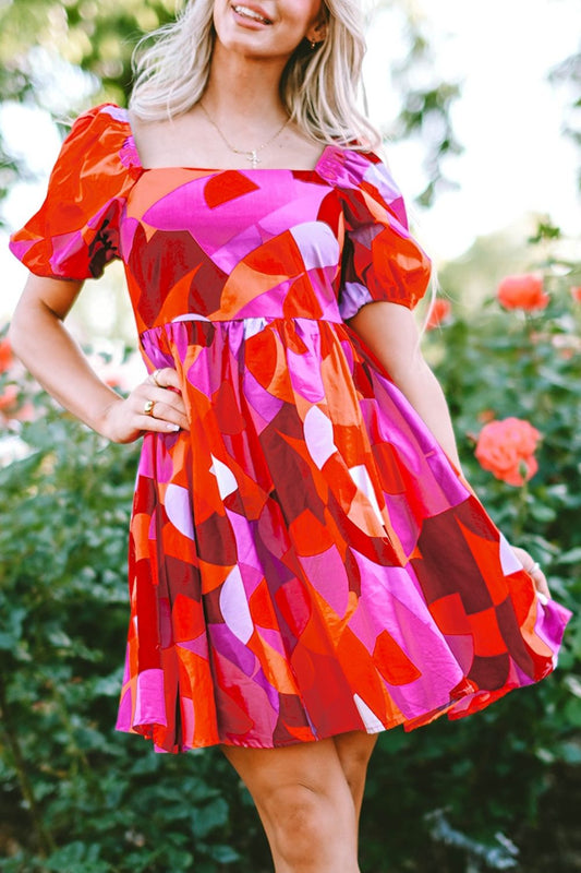 Printed Square Neck Puff Sleeve Boho Dress - Spirit and Rebel [Spirit and Rebel] Hot Pink S 