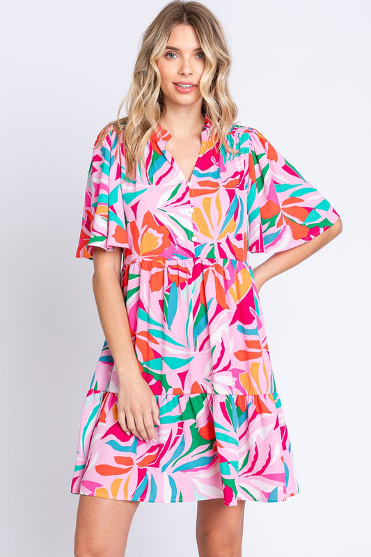 GeeGee Printed Short Sleeve Ruffle Hem Dress [Spirit and Rebel] PINK/GREEN S 