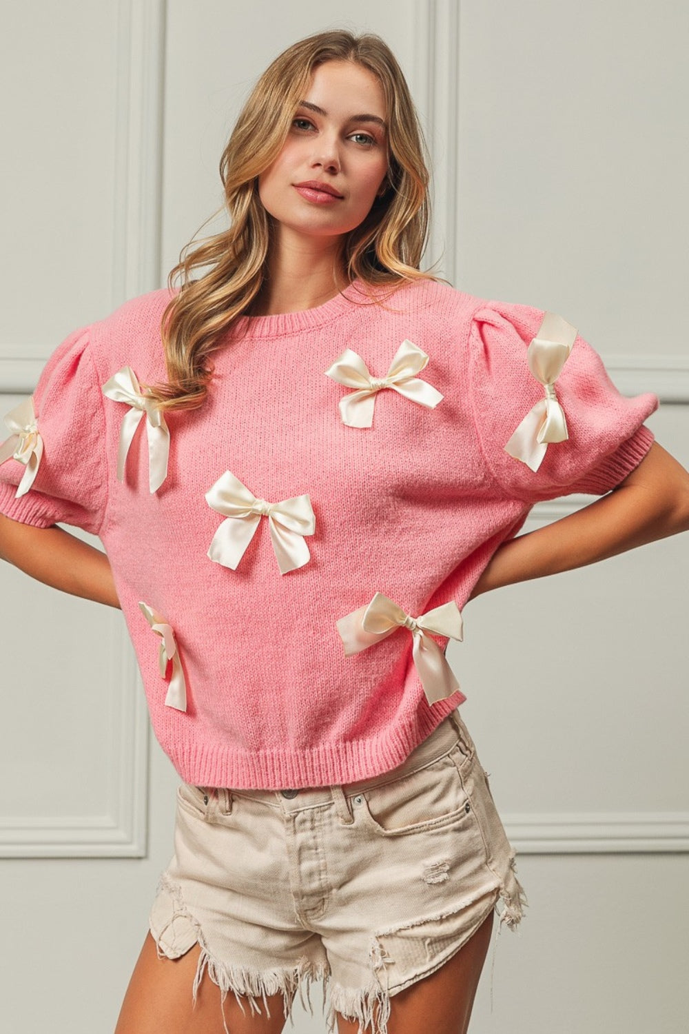 Ribbon Bow Detail Puff Sleeve Boho Sweater - Spirit and Rebel [Spirit and Rebel]   