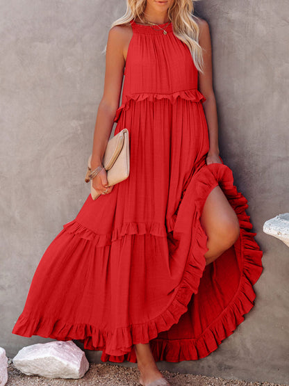 Ruffled Sleeveless Boho Maxi Dress with Pockets [Spirit and Rebel] Red 2XL 