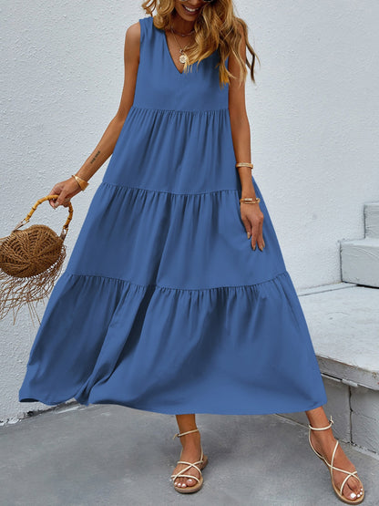 Boho Chic  Tiered V-Neck Sleeve Dress [Spirit and Rebel] Dusty  Blue S 