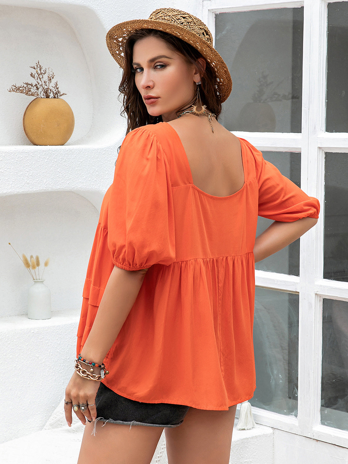 Plus Size Square Neck Half Sleeve Boho Blouse - Spirit and Rebel [Spirit and Rebel]   