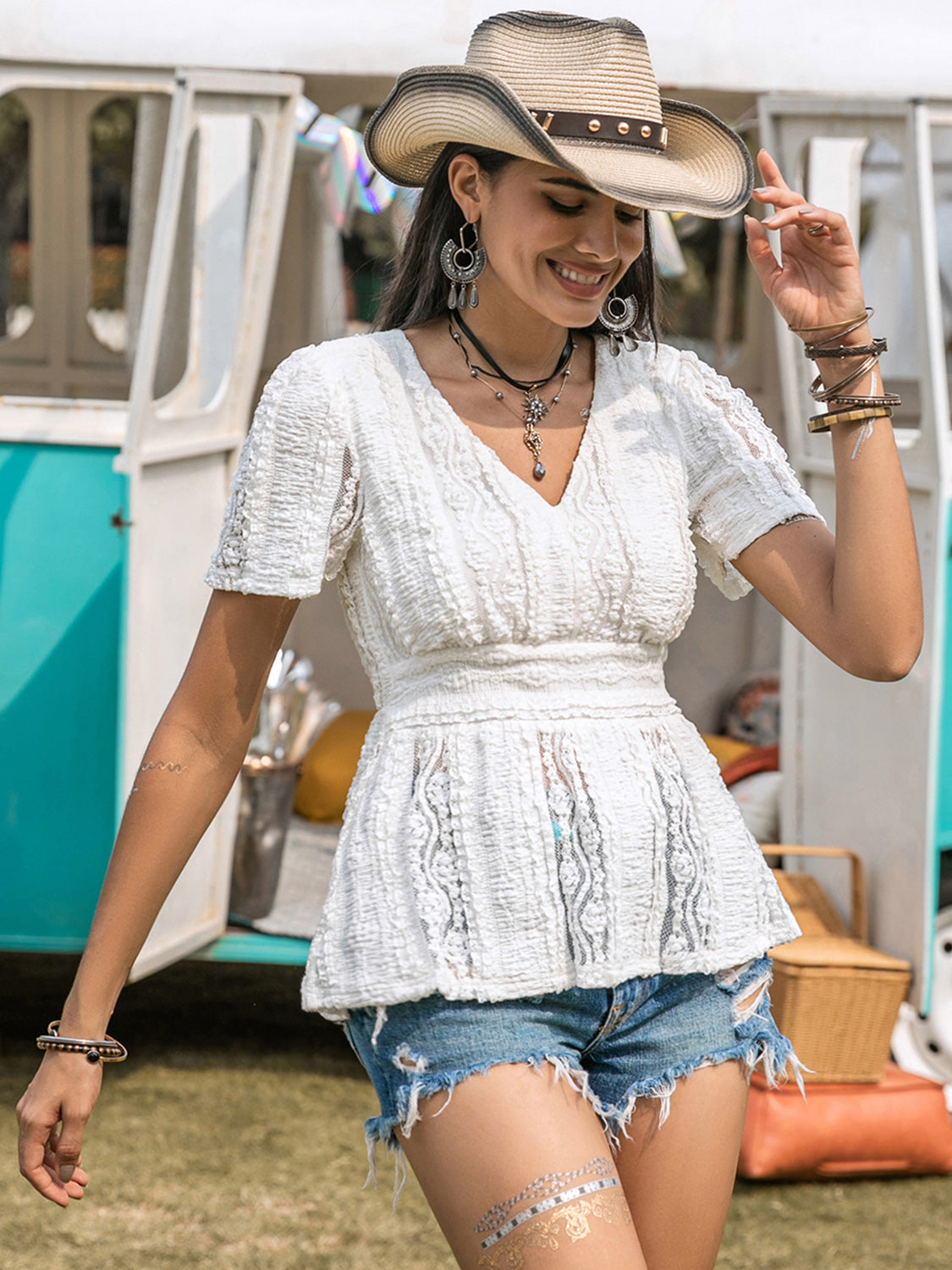 Lace V-Neck Short Sleeve Boho Top - Spirit and Rebel [Spirit and Rebel] White S 