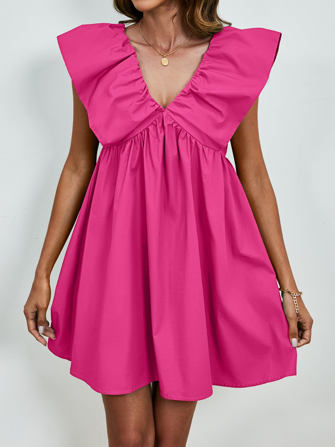 V-Neck Cap Sleeve Mini Boho Dress - Spirit and Rebel [Spirit and Rebel] Hot Pink S 