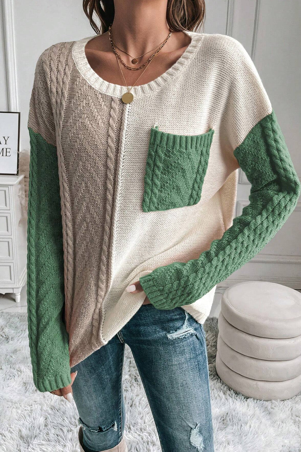 Color Block Round Neck Long Sleeve Boho Sweater - Spirit and Rebel [Spirit and Rebel]   