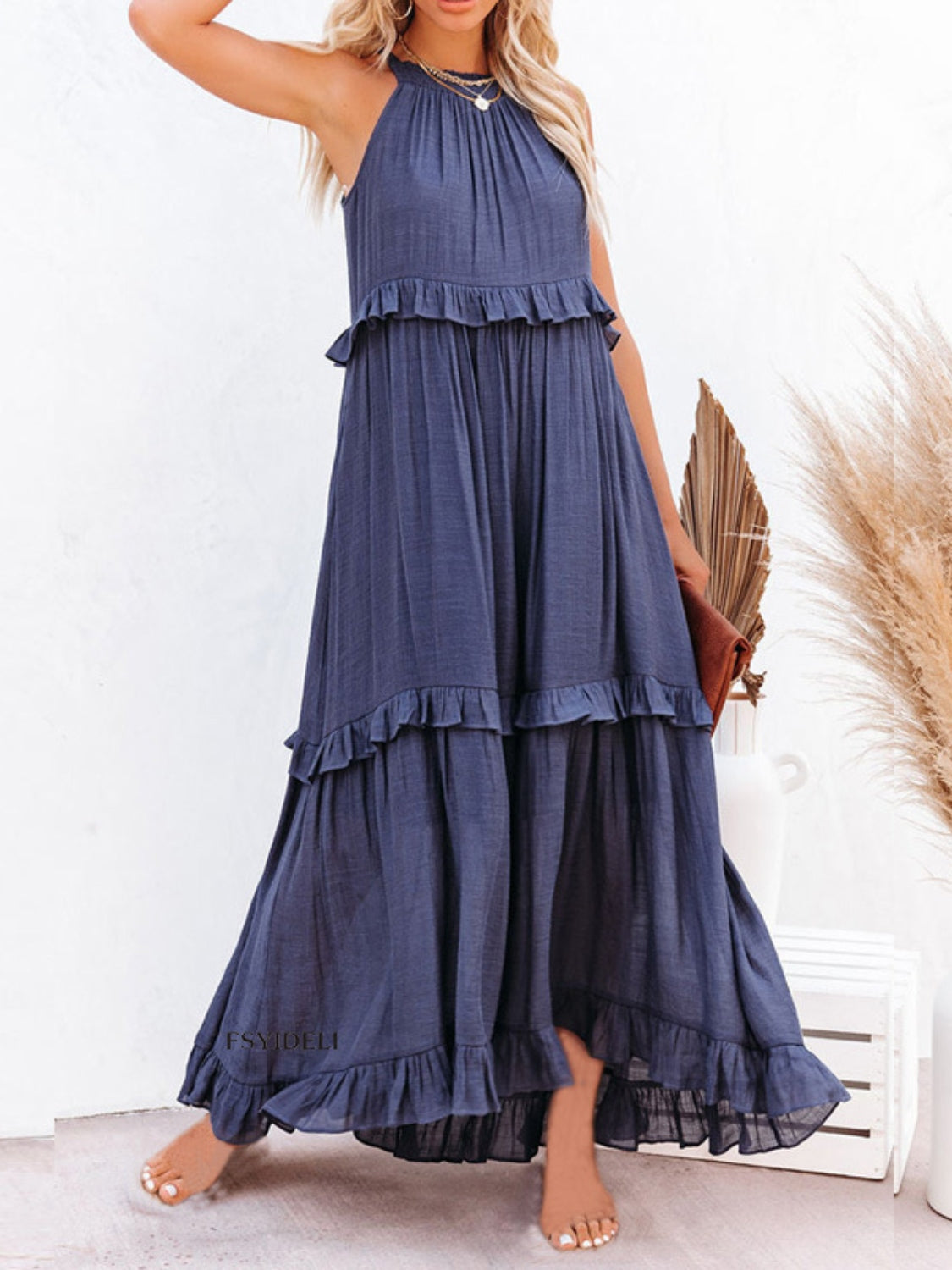 Ruffled Sleeveless Boho Maxi Dress with Pockets [Spirit and Rebel] Navy S 