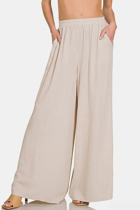 Pleated Linen Blend Wide Leg Boho Pants - Spirit and Rebel [Spirit and Rebel] Sand Beige S 