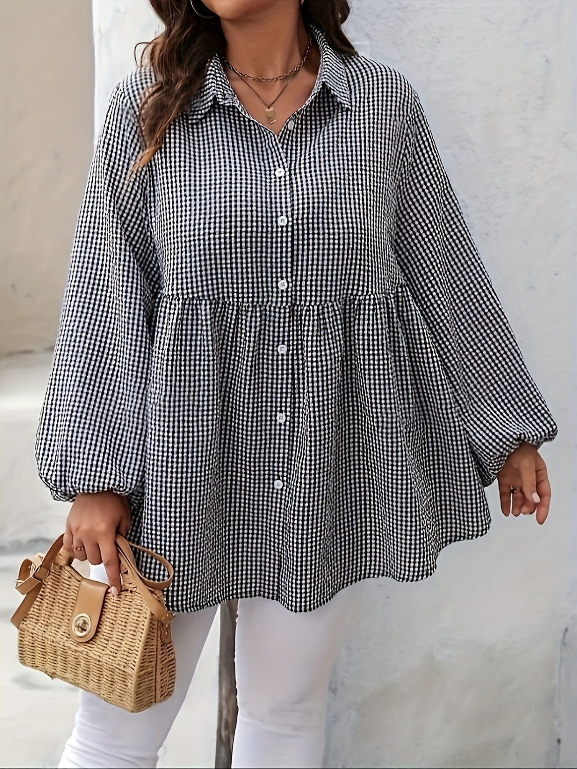 Plus Size Plaid Collared Neck Long Sleeve Shirt [Spirit and Rebel]