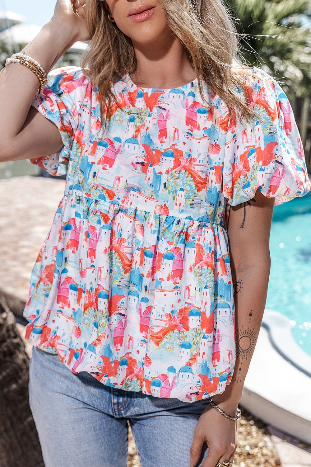 Printed Round Neck Puff Sleeve Boho Blouse [Spirit and Rebel]   