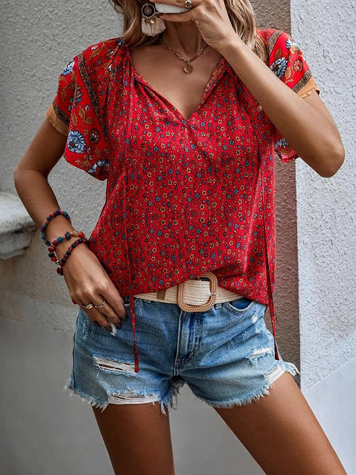 Printed Short Sleeve Tie Neck Blouse [Spirit and Rebel] Red S 