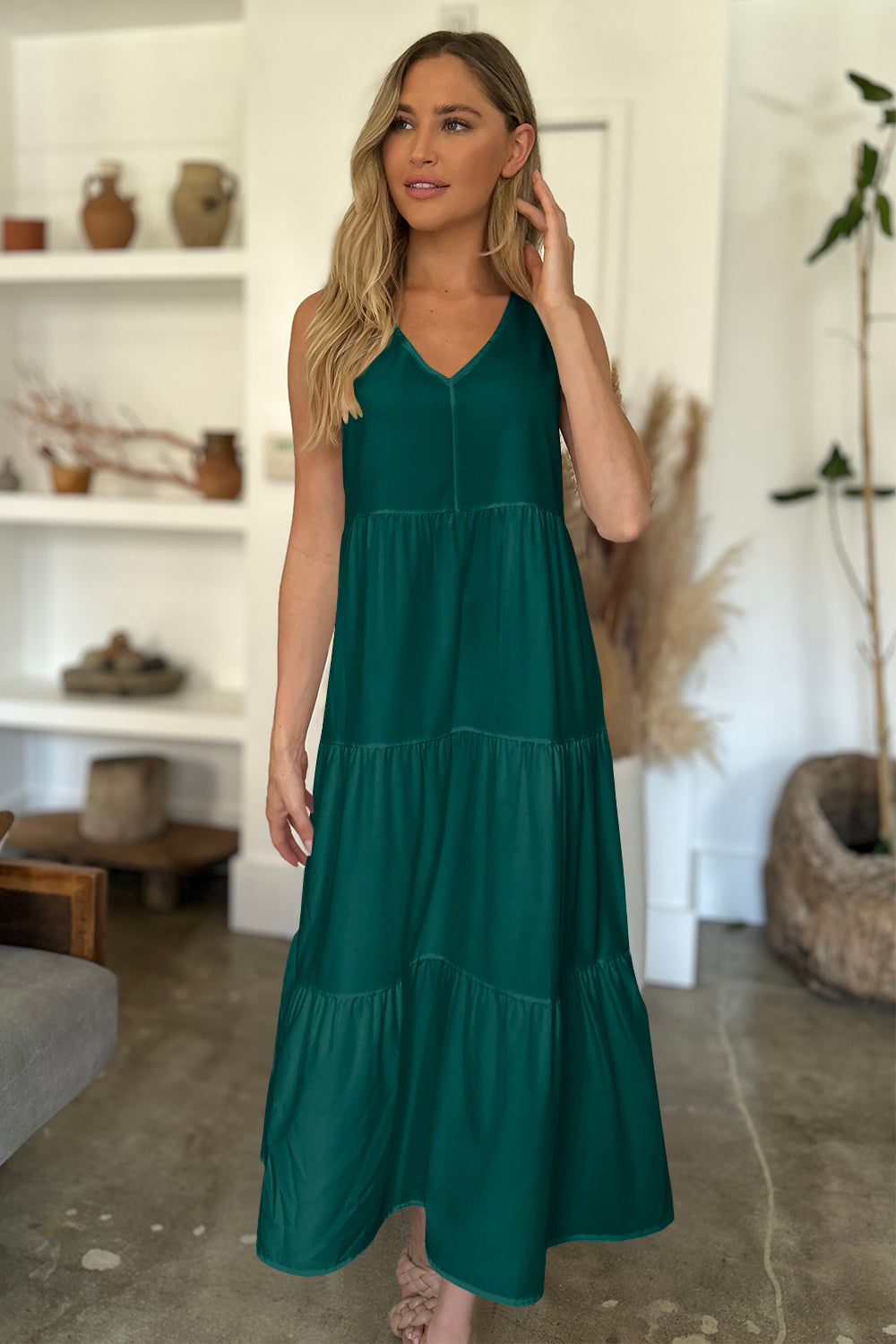 V-Neck Sleeveless Midi Tiered Dress - Spirit and Rebel [Spirit and Rebel] Dark Green S 