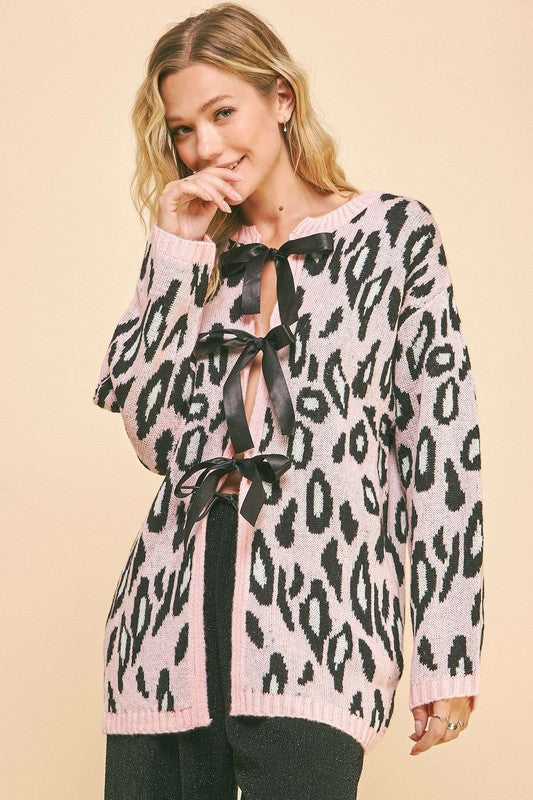 Leopard Ribbon Tie Front Loose Fit Cardigan [Spirit and Rebel]