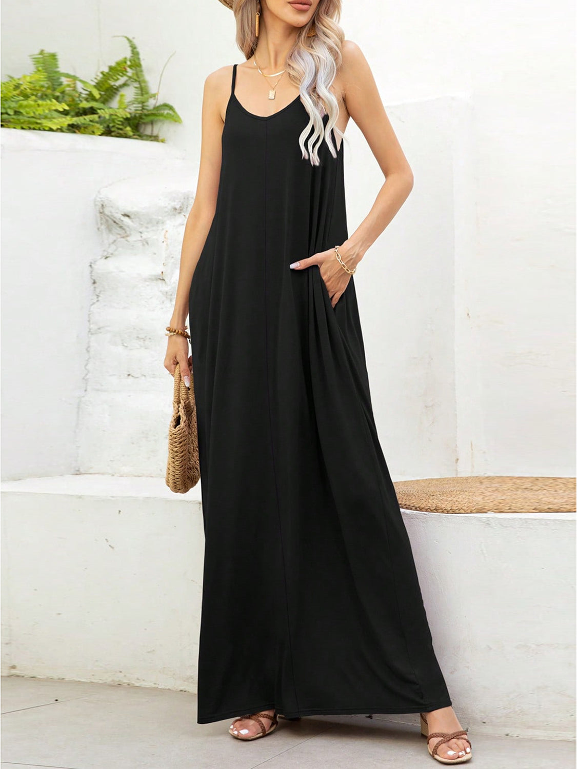 V-Neck Maxi Boho Cami Boho Dress with Pockets - Spirit and Rebel [Spirit and Rebel]   