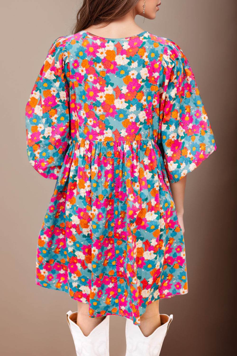 Floral Tie Neck Puff Sleeve Boho Mini Dress [Spirit and Rebel]   