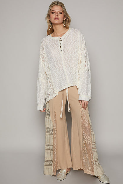 POL Round Neck Long Sleeve Raw Edge Lace Top [Spirit and Rebel]   